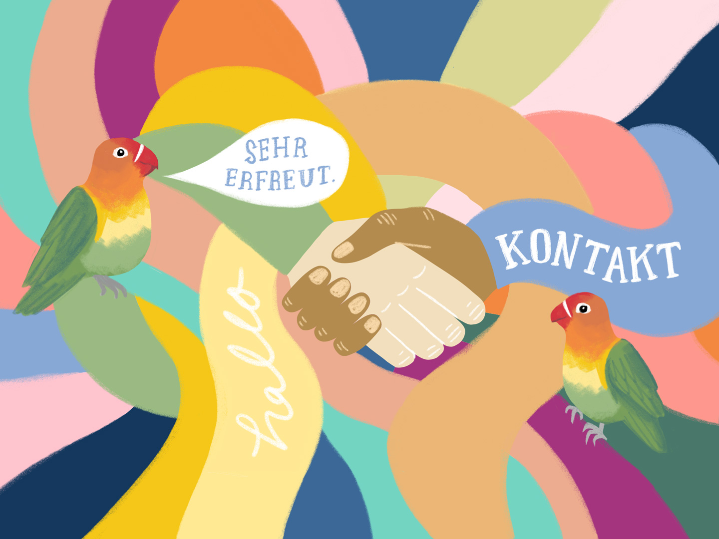 mehrere bunte Arme verschlinen sich ineinander. In der Mitte drücken zwei Hände ineinander. Rechts und Links sitzt ein Papagei auf einem Arm. Der linke Papagei sagt sehr erfreut. auf zwei Armen steht hello und Kontakt.