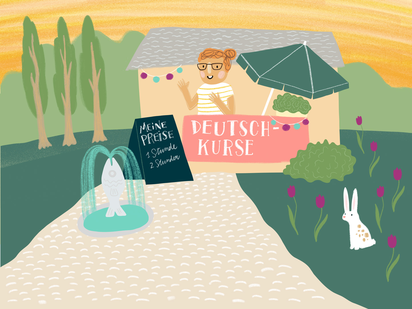 Auf einem gemalten Bild steht Anja auf dem Balkon eines Hauses. Auf dem Balkon steht Deutschkurse. Vor dem Balkon steht ein Schild auf dem meine Preise steht. ein Weg führt in der Mitte des Bildes auf das Haus zu, auf dem Weg steht ein Springbrunnen in Form eines Fiscches, dder Wasser aus dem Mund spuckt. links stehen drei Bäume, rechts sitzt ein Kaninchen zwischen Tulpen